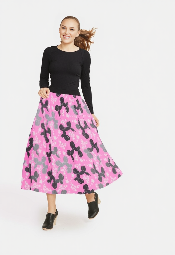 Retro Dogs Elastic Waist Pocket Midi Skirt