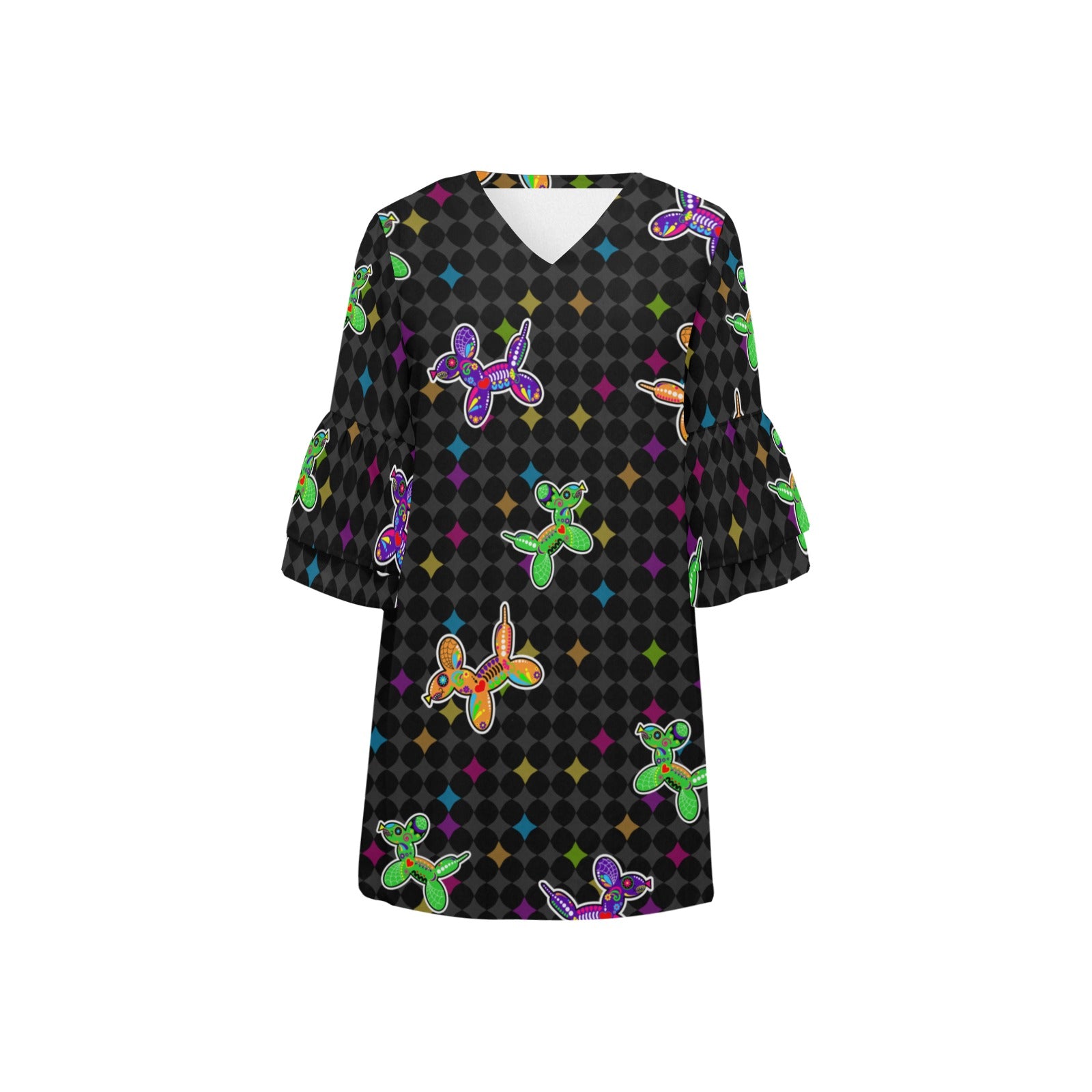Sugar Skull Balloon Dogs Half Sleeves V-Neck Dress/Tunic