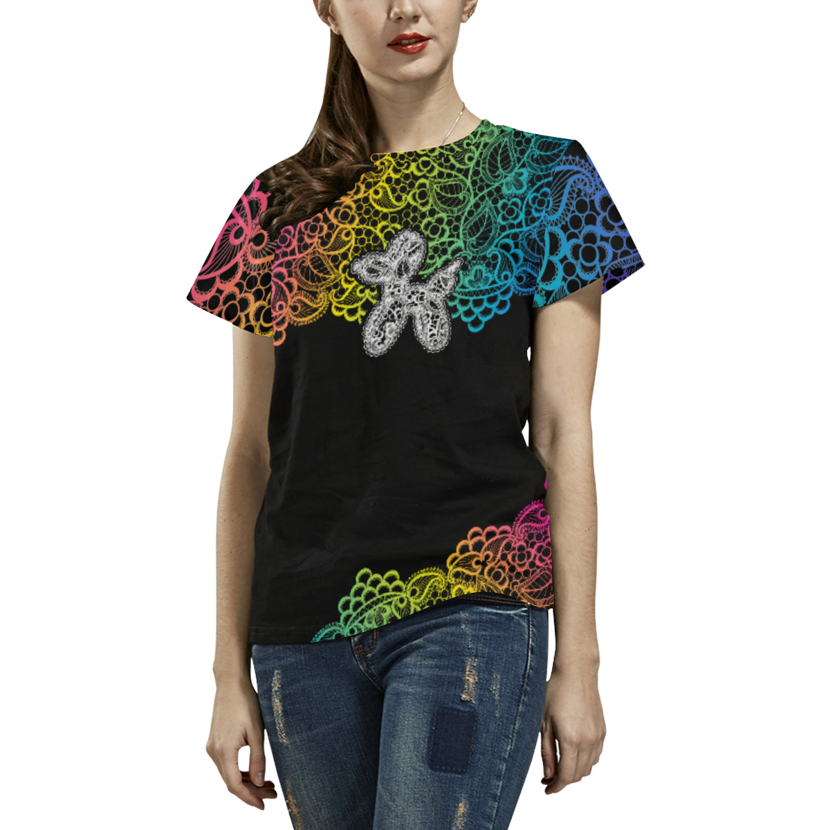 Lace Dogs All Over Print T-Shirt for Women