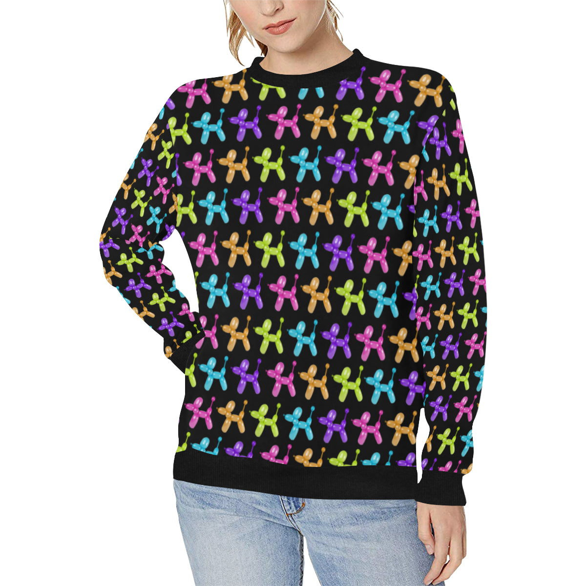Color Pop Balloon Dog Women's Rib Cuff Crew Neck Sweatshirt