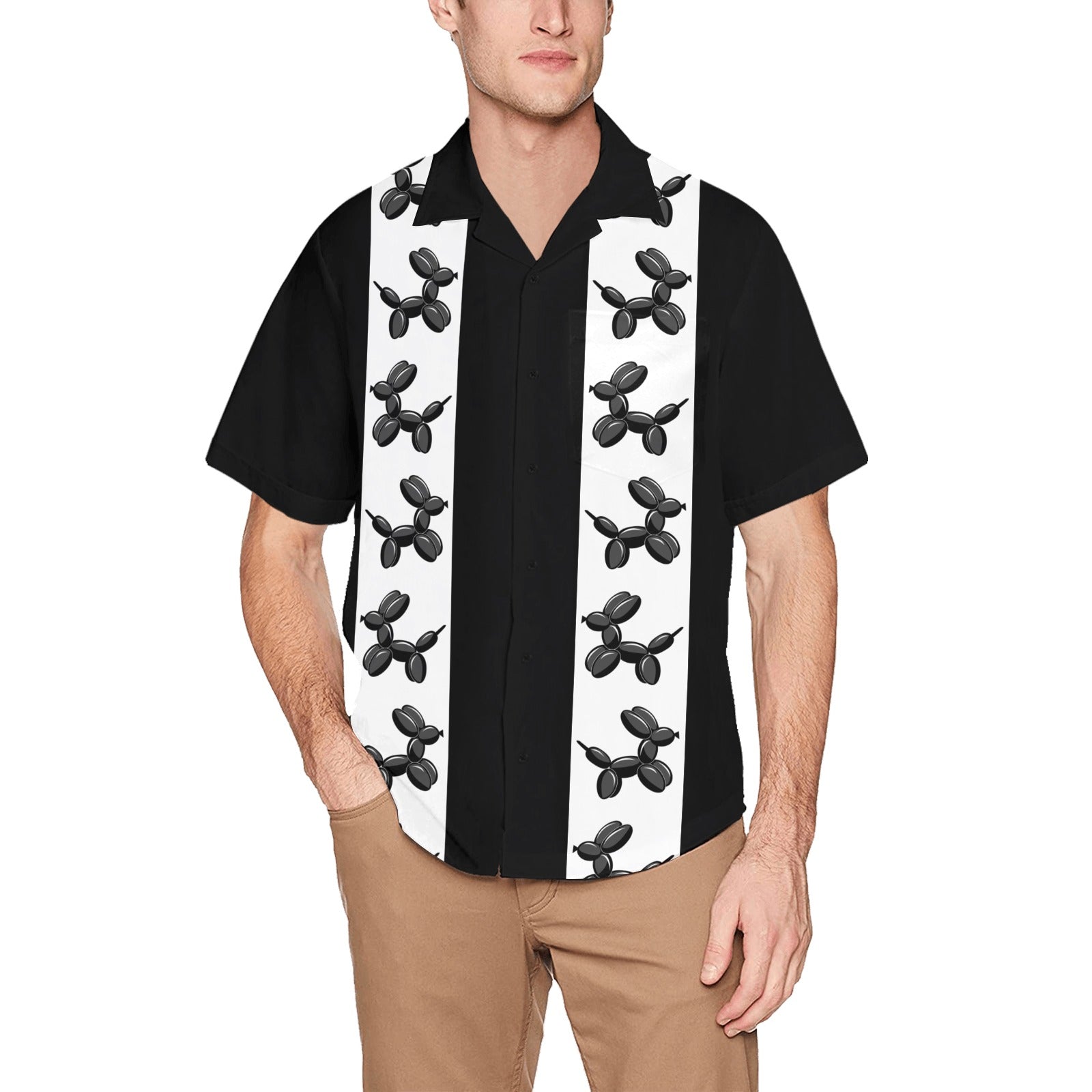 Men's Black & White Hawaiian Shirt with Chest Pocket