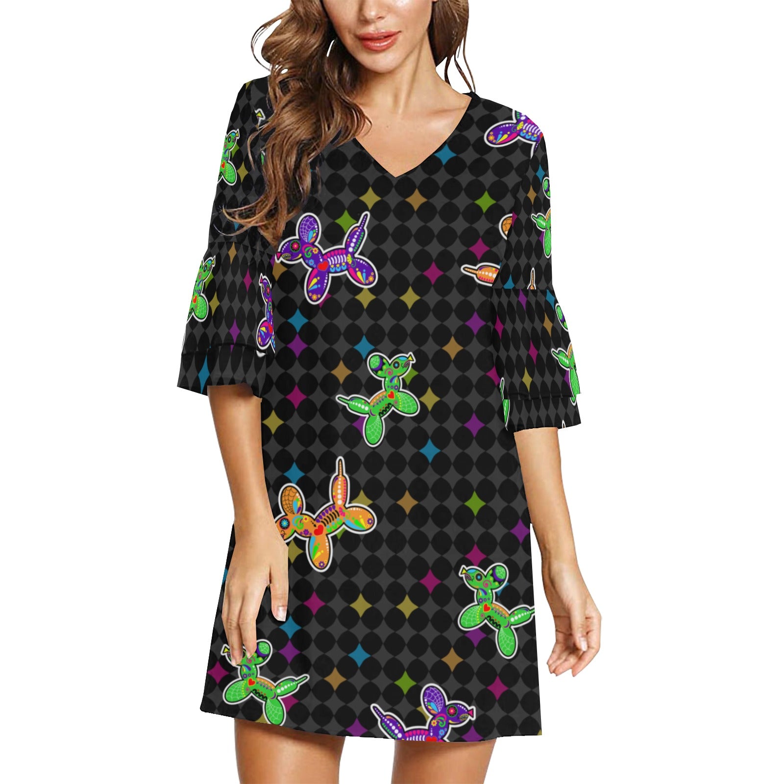 Sugar Skull Balloon Dogs Half Sleeves V-Neck Dress/Tunic