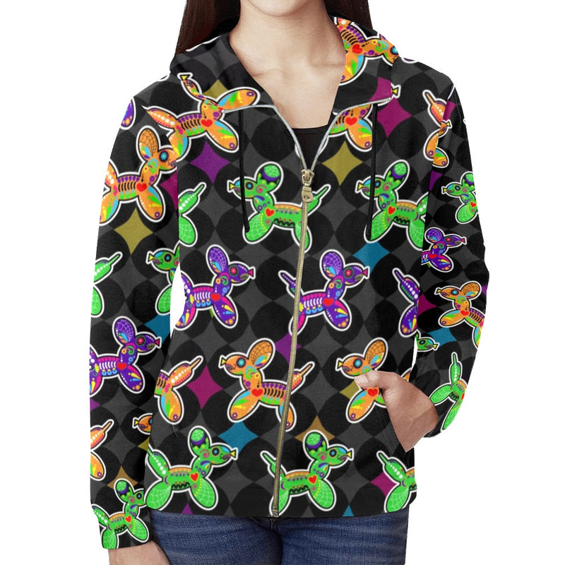 Sugar Skull Balloon Dogs Full Zip Hoodie for Women