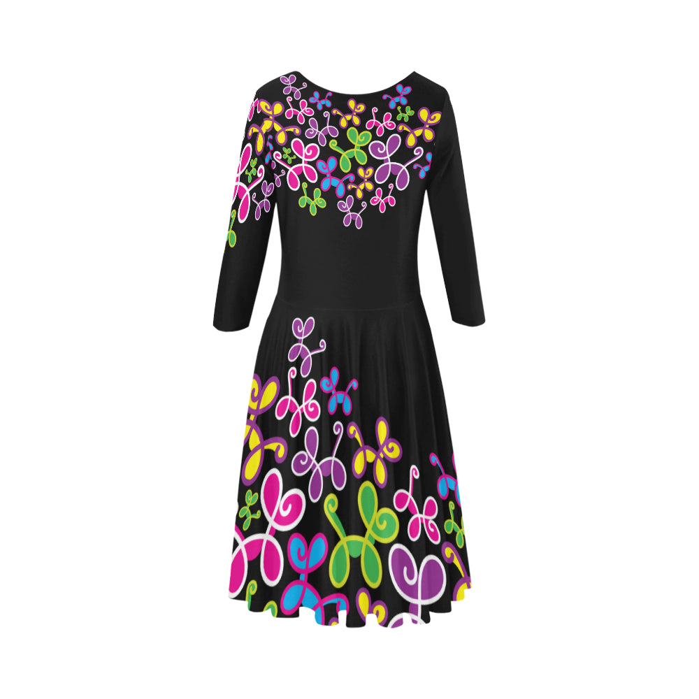 swirly dress black Elbow Sleeve Ice Skater Dress (D20)