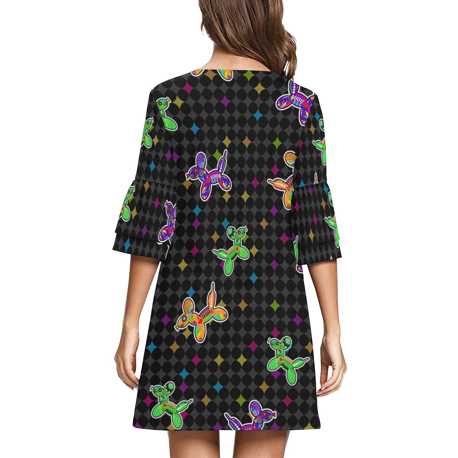 Sugar Skull Balloon Dogs Half Sleeves V-Neck Dress/Tunic