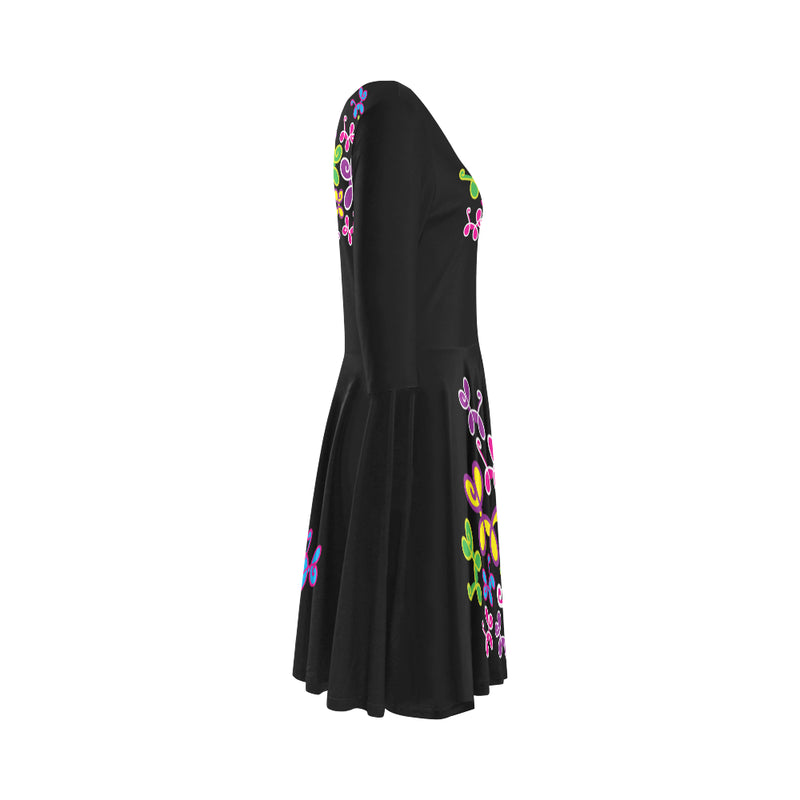 swirly dress black Elbow Sleeve Ice Skater Dress (D20)