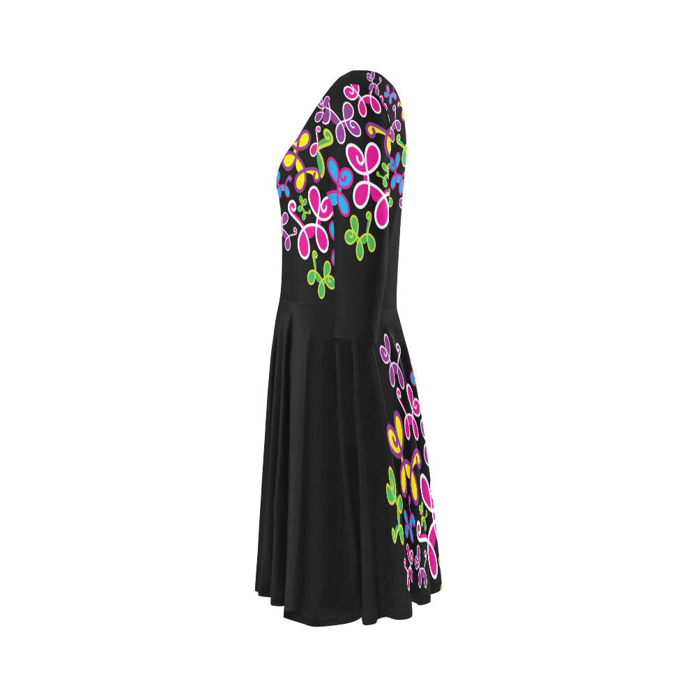 swirly dress black Elbow Sleeve Ice Skater Dress (D20)