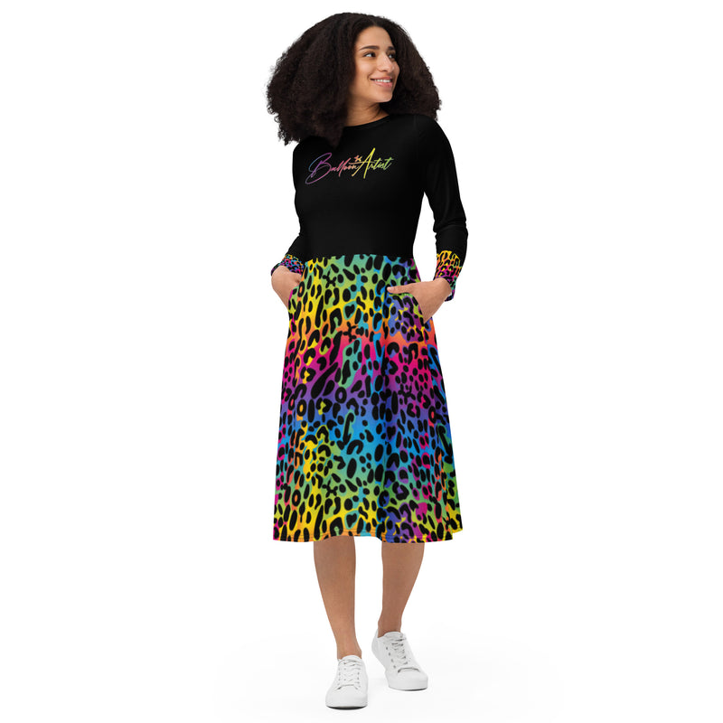 Rainbow Leopard Print Balloon Artist Long Sleeve Dress with Pockets