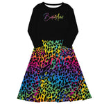 Rainbow Leopard Print Balloon Artist Long Sleeve Dress with Pockets