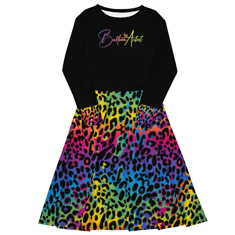 Rainbow Leopard Print Balloon Artist Long Sleeve Dress with Pockets