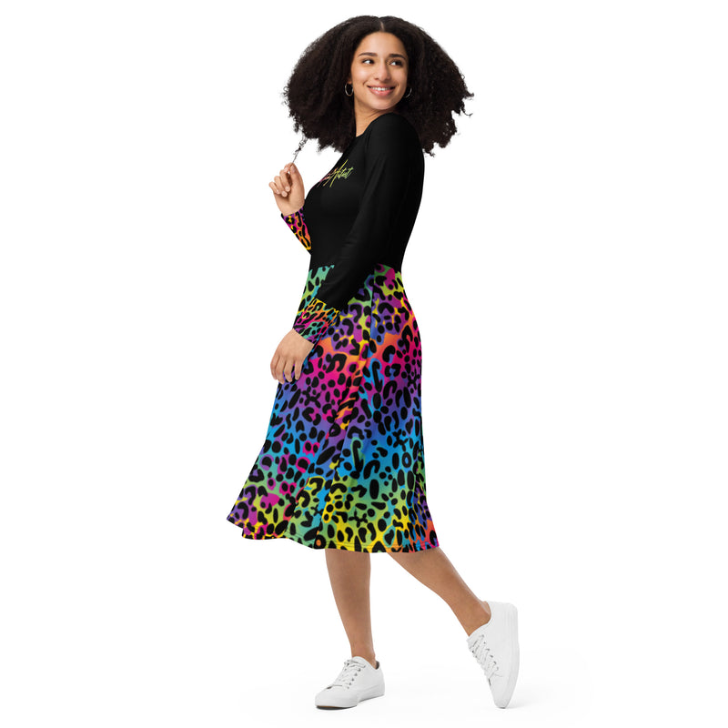 Rainbow Leopard Print Balloon Artist Long Sleeve Dress with Pockets