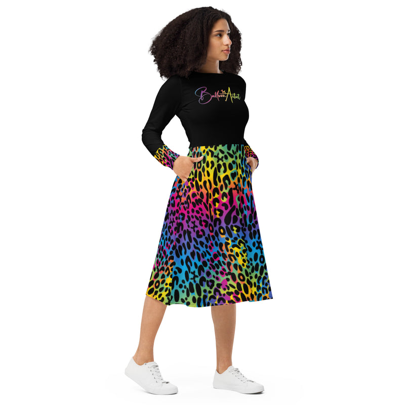 Rainbow Leopard Print Balloon Artist Long Sleeve Dress with Pockets